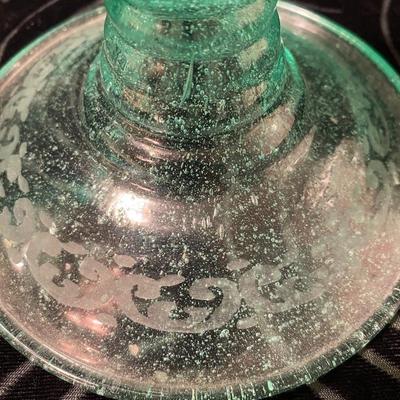 Pair of Midcentury Frosted Uranium Green Glass Candle Holders w Etched Maritime Design