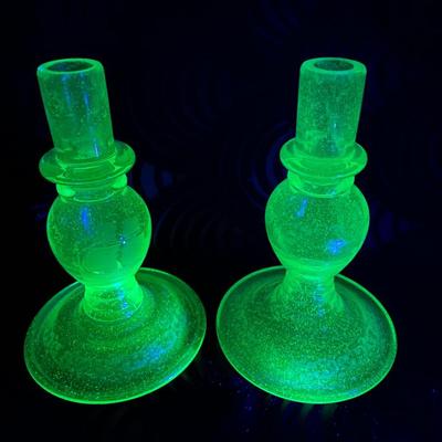 Pair of Midcentury Frosted Uranium Green Glass Candle Holders w Etched Maritime Design