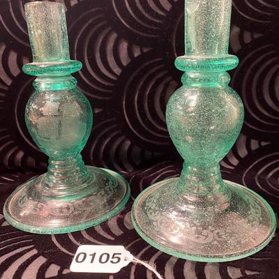 Pair of Midcentury Frosted Uranium Green Glass Candle Holders w Etched Maritime Design