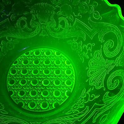 Art Deco Uranium Glass Etched Bowl by Lancaster