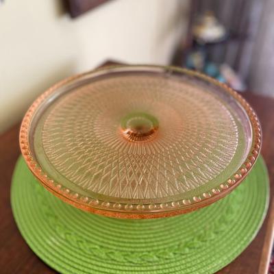 Beautiful Vintage Pink Pressed Glass Cake Dish