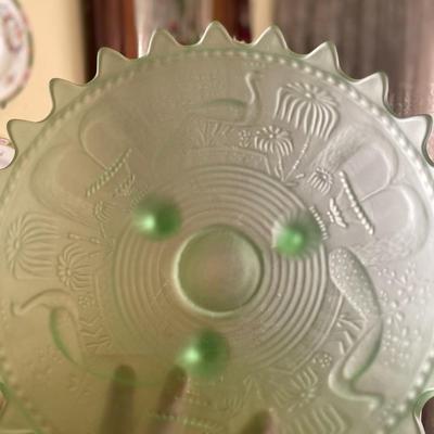 Midcentury Frosted Green Three Footed Glass Bowl 