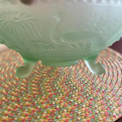 Midcentury Frosted Green Three Footed Glass Bowl 