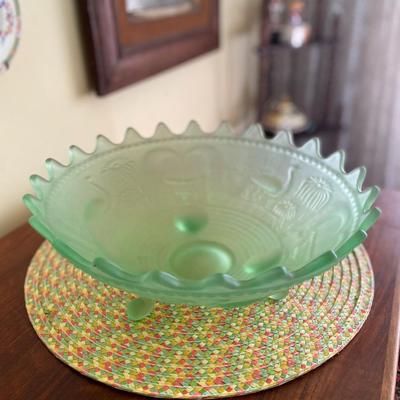 Midcentury Frosted Green Three Footed Glass Bowl 