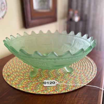 Midcentury Frosted Green Three Footed Glass Bowl 