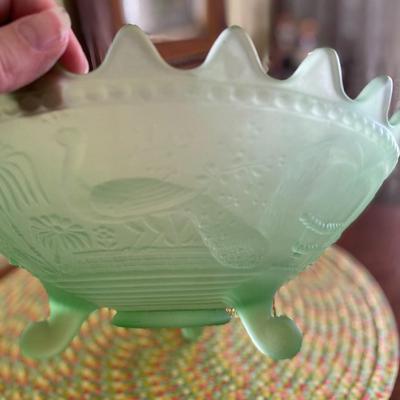Midcentury Frosted Green Three Footed Glass Bowl 