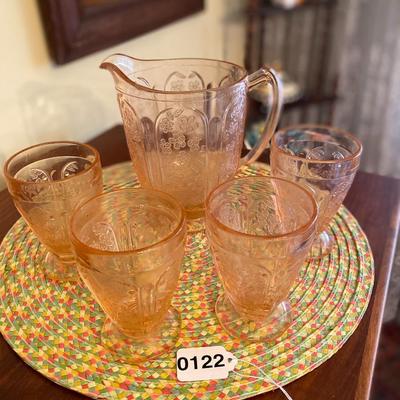Vintage Orange Pressed Glass Pitcher and Cups