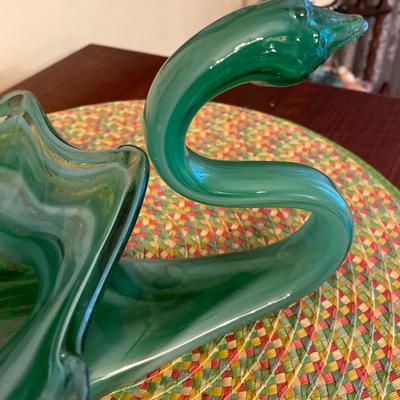 Midcentury Marbled Green Sooner Glass Swan Centerpiece