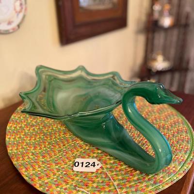 Midcentury Marbled Green Sooner Glass Swan Centerpiece