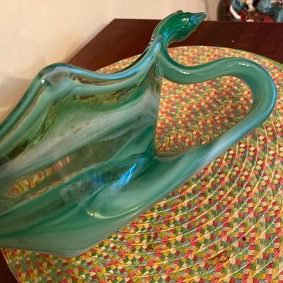 Midcentury Marbled Green Sooner Glass Swan Centerpiece