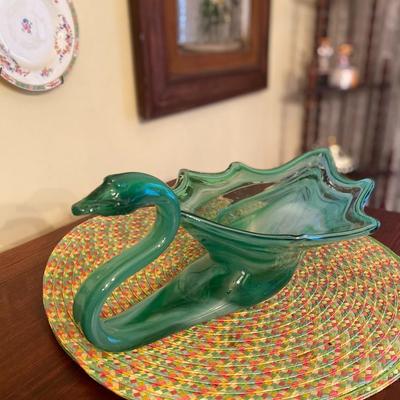 Midcentury Marbled Green Sooner Glass Swan Centerpiece
