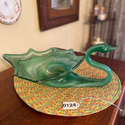 Midcentury Marbled Green Sooner Glass Swan Centerpiece