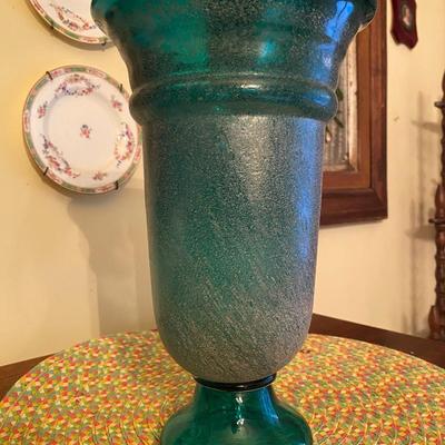 Large Vintage Frosted Blue Green Vase