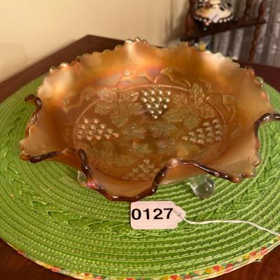 Vintage Fenton Marigold Carnival Glass Dish w Cable Footed  Grapes and Vine