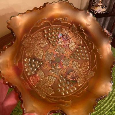 Vintage Fenton Marigold Carnival Glass Dish w Cable Footed  Grapes and Vine