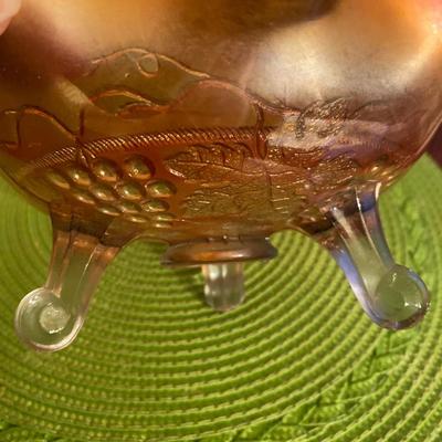 Vintage Fenton Marigold Carnival Glass Dish w Cable Footed  Grapes and Vine