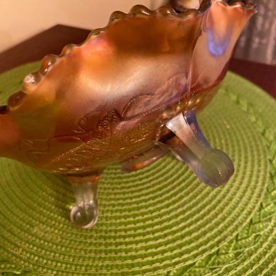 Vintage Fenton Marigold Carnival Glass Dish w Cable Footed  Grapes and Vine
