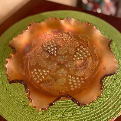 Vintage Fenton Marigold Carnival Glass Dish w Cable Footed  Grapes and Vine