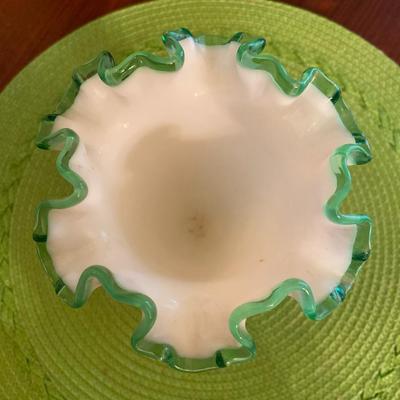 Midcentury Fenton Milk Glass with Emerald Green Crest