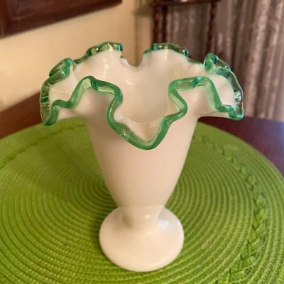 Midcentury Fenton Milk Glass with Emerald Green Crest