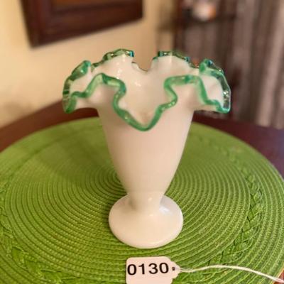 Midcentury Fenton Milk Glass with Emerald Green Crest