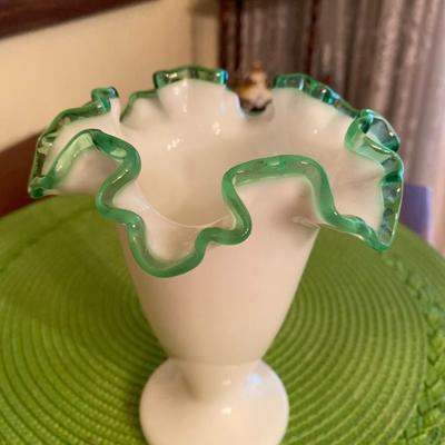 Midcentury Fenton Milk Glass with Emerald Green Crest