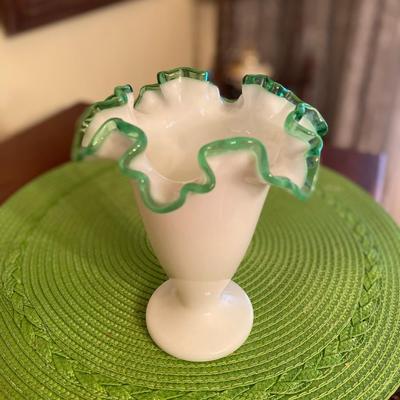 Midcentury Fenton Milk Glass with Emerald Green Crest