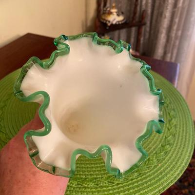 Midcentury Fenton Milk Glass with Emerald Green Crest