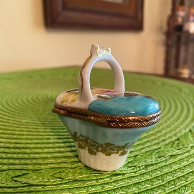 Lovely Miniature Limoges Basket and Bow Trinket Box
