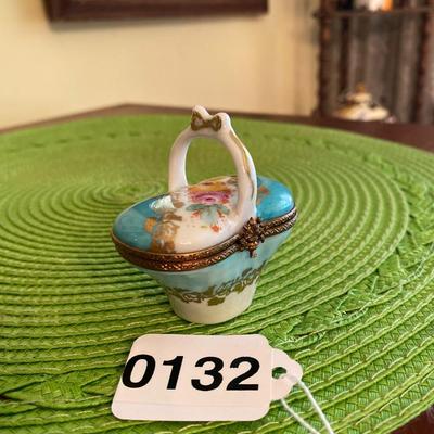 Lovely Miniature Limoges Basket and Bow Trinket Box