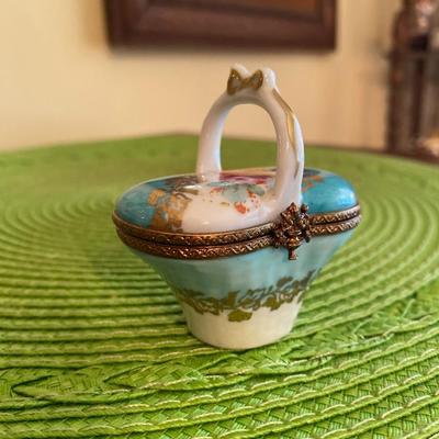 Lovely Miniature Limoges Basket and Bow Trinket Box