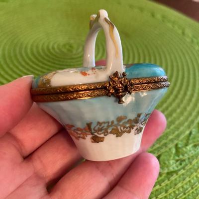 Lovely Miniature Limoges Basket and Bow Trinket Box
