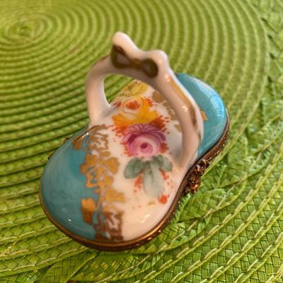 Lovely Miniature Limoges Basket and Bow Trinket Box
