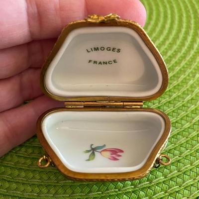 Lovely Miniature Limoges Trinket Box Handbag with Chain