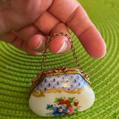 Lovely Miniature Limoges Trinket Box Handbag with Chain