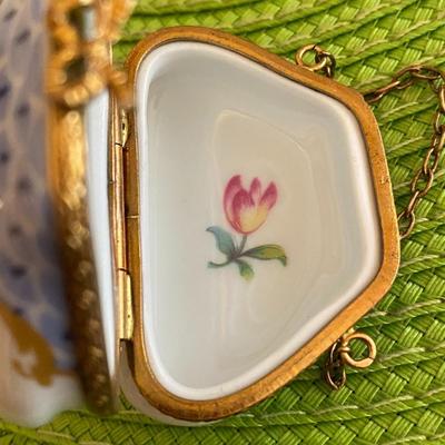 Lovely Miniature Limoges Trinket Box Handbag with Chain