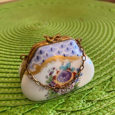 Lovely Miniature Limoges Trinket Box Handbag with Chain