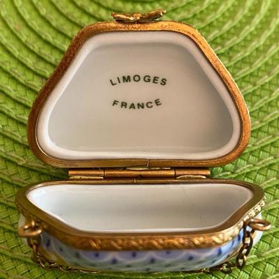 Lovely Miniature Limoges Trinket Box Handbag with Chain