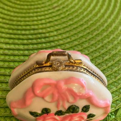 Miniature Porcelain Hand Bag Trinket Box with Mini Comb and Mirror