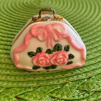 Miniature Porcelain Hand Bag Trinket Box with Mini Comb and Mirror