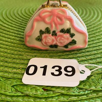 Miniature Porcelain Hand Bag Trinket Box with Mini Comb and Mirror