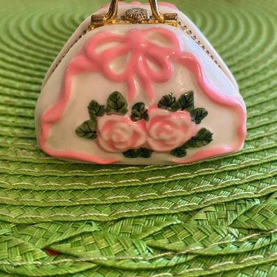 Miniature Porcelain Hand Bag Trinket Box with Mini Comb and Mirror
