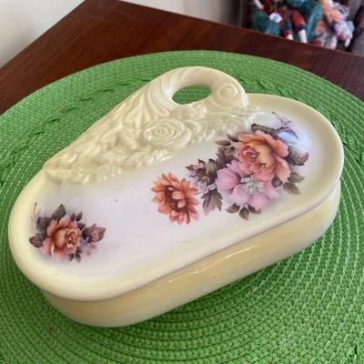 Pretty Yellow Floral Porcelain Jewelry Box Vanity Dish