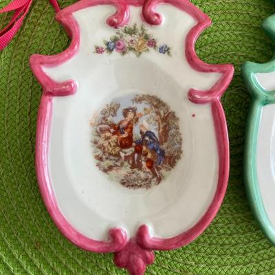 Sweet Pair of Tea Bag Porcelain Dishes Pink and Green