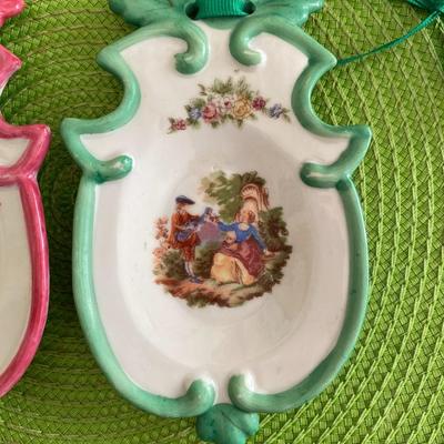 Sweet Pair of Tea Bag Porcelain Dishes Pink and Green