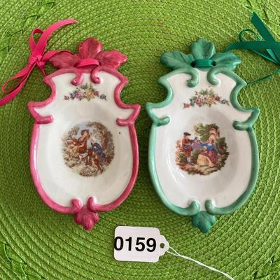 Sweet Pair of Tea Bag Porcelain Dishes Pink and Green