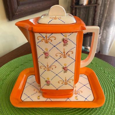 Vintage Orange Porcelain Teapot and Tray