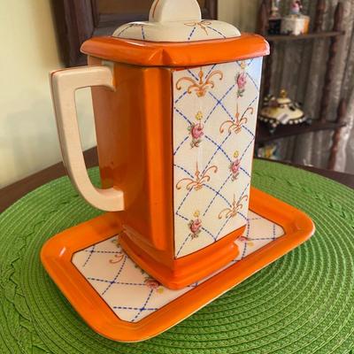 Vintage Orange Porcelain Teapot and Tray