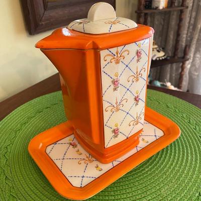 Vintage Orange Porcelain Teapot and Tray