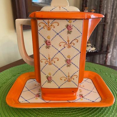 Vintage Orange Porcelain Teapot and Tray